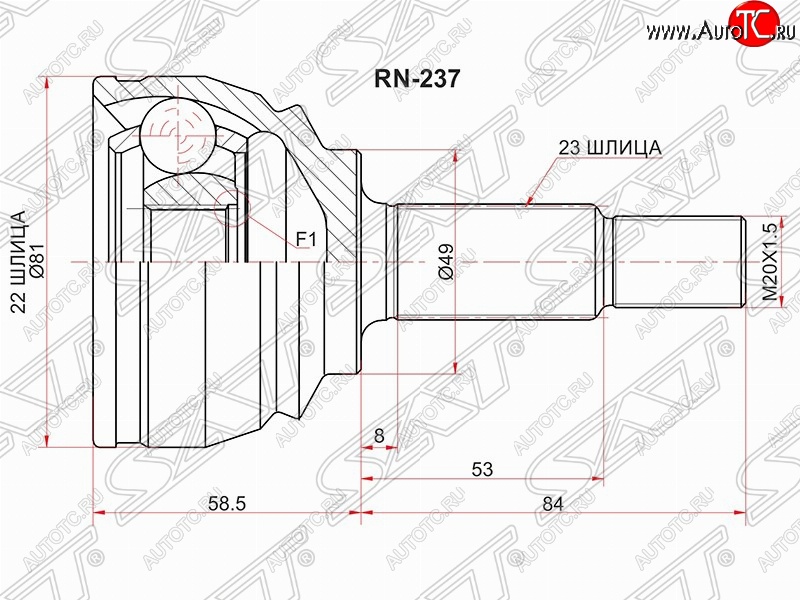 1 689 р. Шрус (наружный) SAT (22*23*49 мм)  Nissan Almera  G15 (2012-2019) седан  с доставкой в г. Воронеж