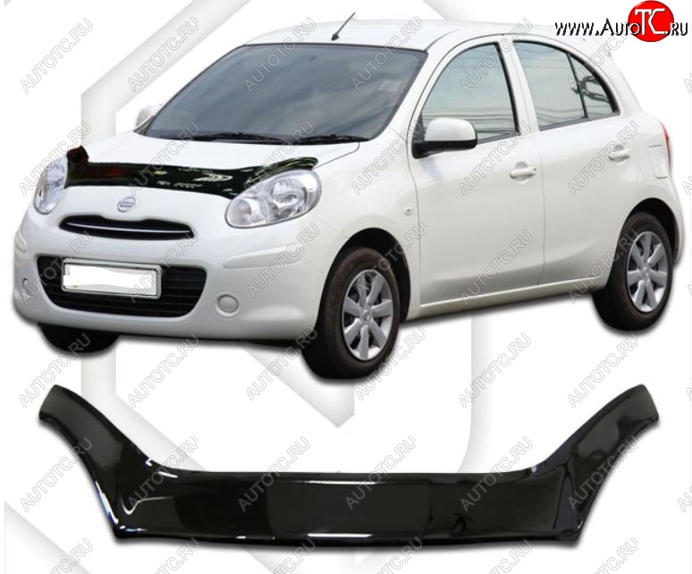 2 399 р. Дефлектор капота CA-Plastiс exclusive Nissan Micra K13 5 дв. дорестайлинг (2010-2013) (Classic черный, Без надписи)  с доставкой в г. Воронеж
