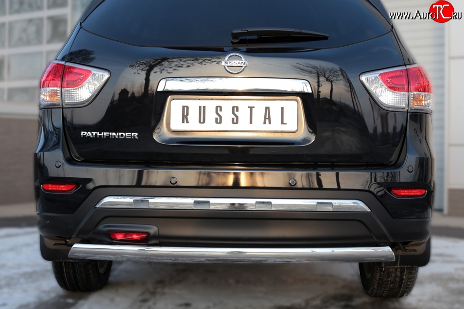 11 599 р. Защита заднего бампера (Ø75x42 мм, нержавейка) Russtal Nissan Pathfinder R52 дорестайлинг (2012-2017)  с доставкой в г. Воронеж