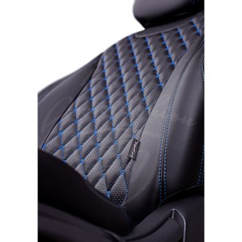 13 949 р. Чехлы для сидений Lord Autofashion Байрон (экокожа, 60/40, 2 П- и 1 Г-образных подголовника)  Nissan Terrano  D10 (2016-2022), Renault Duster  HS (2015-2021) (Черный, вставка черная, строчка синяя)  с доставкой в г. Воронеж. Увеличить фотографию 3