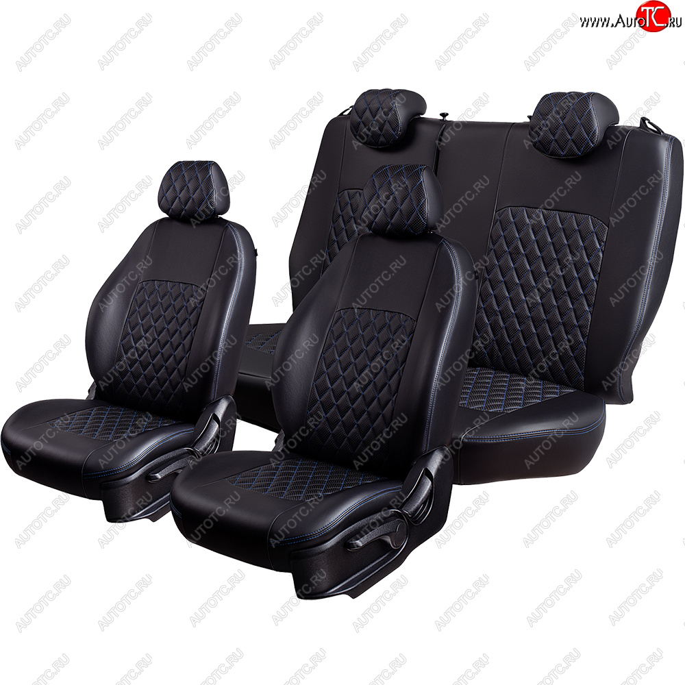 7 199 р. Чехлы для сидений Lord Autofashion Турин Ромб (экокожа, 60/40, 2 П- и 1 Г-образных подголовника)  Nissan Terrano  D10 (2016-2022) рестайлинг (Черный, вставка черная, строчка синяя)  с доставкой в г. Воронеж