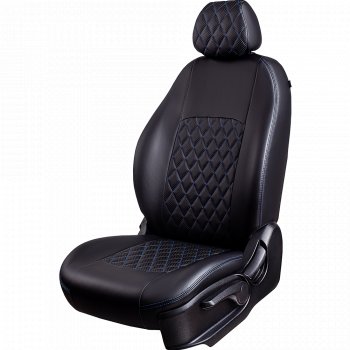 7 199 р. Чехлы для сидений Lord Autofashion Турин Ромб (экокожа, 60/40, 2 П- и 1 Г-образных подголовника)  Nissan Terrano  D10 (2016-2022) рестайлинг (Черный, вставка черная, строчка синяя)  с доставкой в г. Воронеж. Увеличить фотографию 2