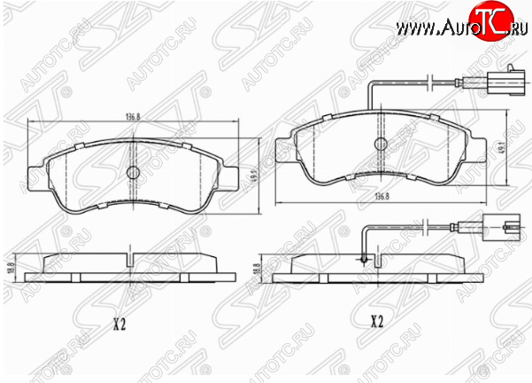 1 129 р. Комплект задних тормозных колодок SAT (с датчиком износа) Peugeot Boxer 250 (2006-2014)  с доставкой в г. Воронеж