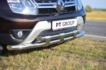 27 199 р. Защита переднего бампера PT GROUP двойная с пластинами Ø63/63мм (НПС) RENAULT Duster 2016- Renault Duster HS рестайлинг (2015-2021) (Нержавеющая полированная сталь)  с доставкой в г. Воронеж. Увеличить фотографию 4