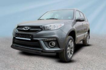 Защита переднего бампера d57+d42 двойная Slitkoff Chery Tiggo 3 (2014-2020) (  Сталь с полимерным покрытием в цвет черный)