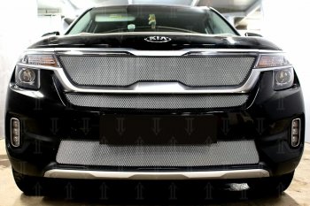 Защитная сетка в бампер (верх, с ДХО, ячейка 3х7 мм) Alfeco Стандарт KIA Seltos (2019-2025) (Хром)