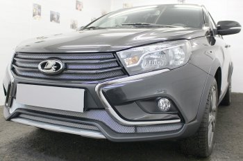 4 379 р. Защитная сетка в бампер (верхние, 4 части, ячейка 3х7 мм) Alfeco Стандарт Лада Веста SW 2181 универсал дорестайлинг (2017-2022) (Хром)  с доставкой в г. Воронеж. Увеличить фотографию 4