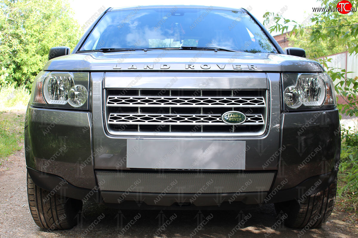 3 149 р. Защитная сетка в бампер (низ, ячейка 3х7 мм) Alfeco Стандарт  Land Rover Freelander  L359 (2006-2010) дорестайлинг (Хром)  с доставкой в г. Воронеж