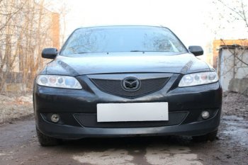 3 179 р. Защитная сетка в бампер (верх, ячейка 3х7 мм) Alfeco Стандарт  Mazda 6  GG (2002-2005) лифтбэк дорестайлинг, седан дорестайлинг (Чёрная)  с доставкой в г. Воронеж. Увеличить фотографию 1