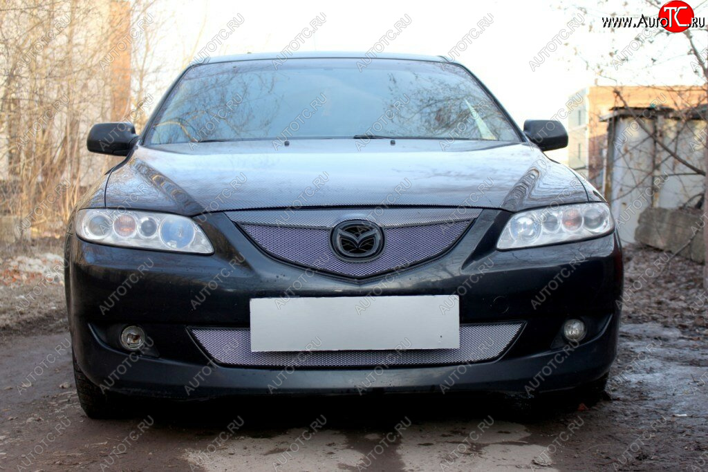 3 199 р. Защитная сетка в бампер (верх, ячейка 3х7 мм) Alfeco Стандарт Mazda 6 GG лифтбэк дорестайлинг (2002-2005) (Хром)  с доставкой в г. Воронеж