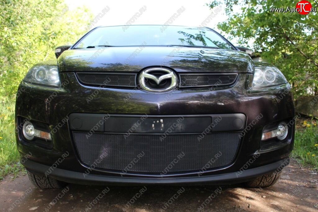 3 199 р. Защитная сетка в бампер (низ, ячейка 3х7 мм) Alfeco Стандарт Mazda CX-7 ER дорестайлинг (2006-2010) (Чёрная)  с доставкой в г. Воронеж