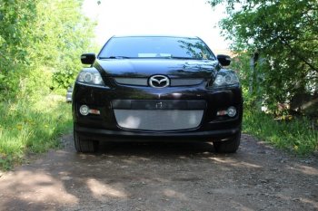 Защитная сетка в бампер (верх, 2 части, ячейка 3х7 мм) Alfeco Стандарт Mazda CX-7 ER дорестайлинг (2006-2010) (Хром)