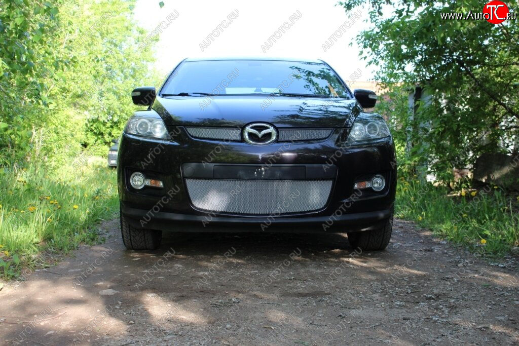 3 399 р. Защитная сетка в бампер (низ, ячейка 3х7 мм) Alfeco Стандарт Mazda CX-7 ER дорестайлинг (2006-2010) (Хром)  с доставкой в г. Воронеж