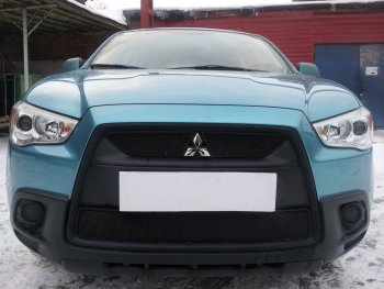 Защитная сетка в бампер (низ, ячейка 3х7 мм) Alfeco Стандарт Mitsubishi ASX дорестайлинг (2010-2012) (Чёрная)