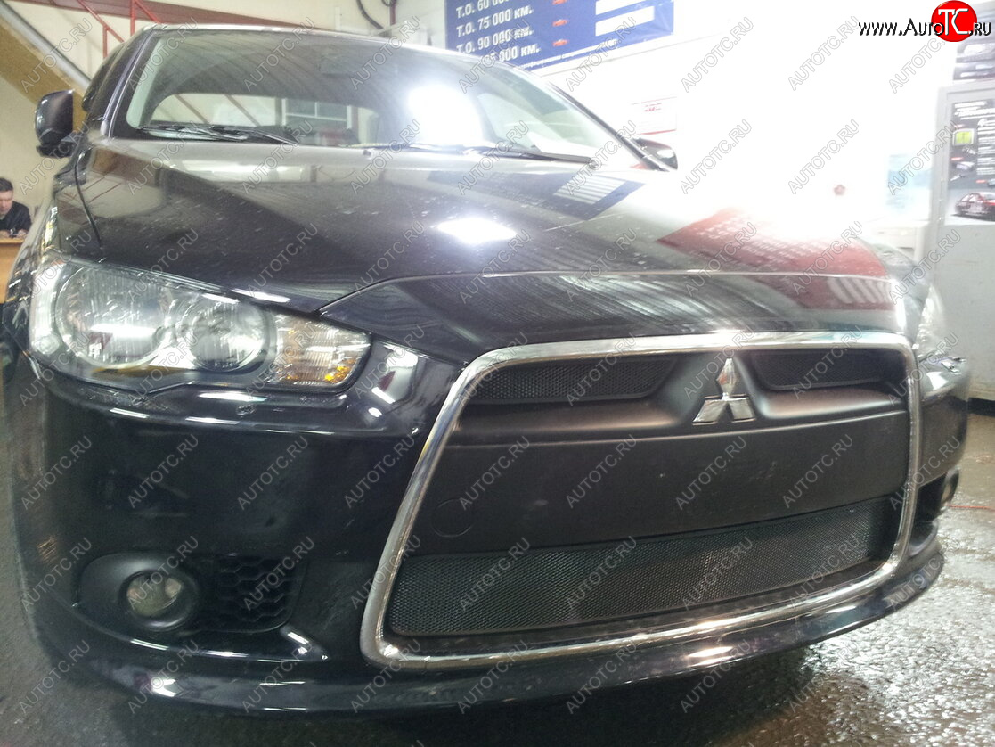 5 849 р. Защитная сетка в бампер (3 части, ячейка 3х7 мм) Alfeco Стандарт  Mitsubishi Lancer  10 CY (2011-2017) седан рестайлинг, хэтчбек 5 дв рестайлинг (Чёрная)  с доставкой в г. Воронеж