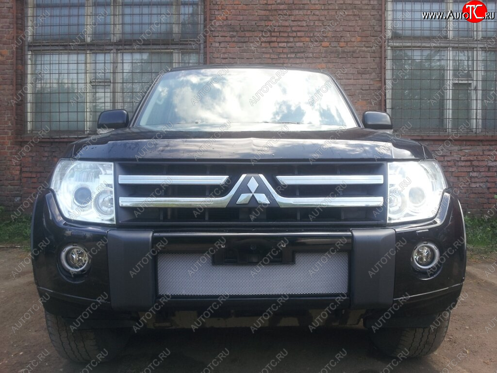 3 299 р. Защитная сетка в бампер (низ, ячейка 3х7 мм) Стрелка11 Стандарт Mitsubishi Pajero 4 V80 дорестайлинг (2006-2011) (Хром)  с доставкой в г. Воронеж