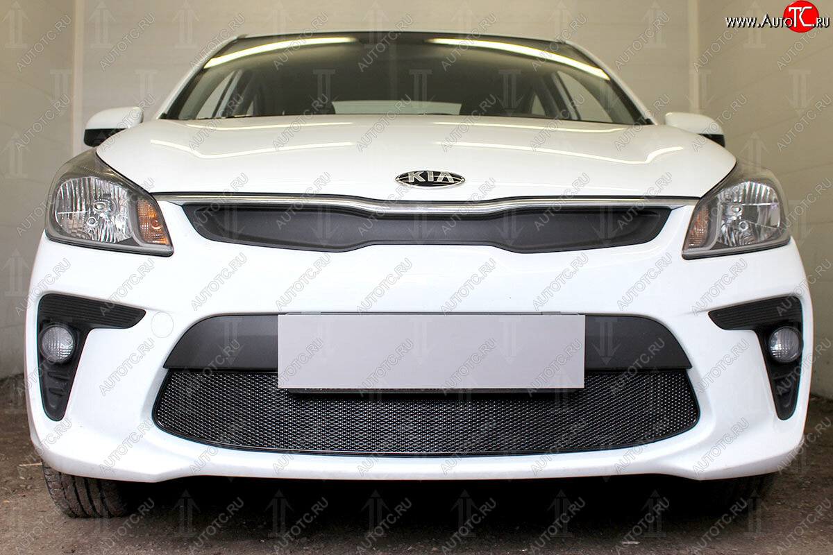 4 299 р. Защитная сетка в бампер (низ, ячейка 4х10 мм) Alfeco Премиум  KIA Rio  4 YB (2017-2020) дорестайлинг, хэтчбэк (Чёрная)  с доставкой в г. Воронеж
