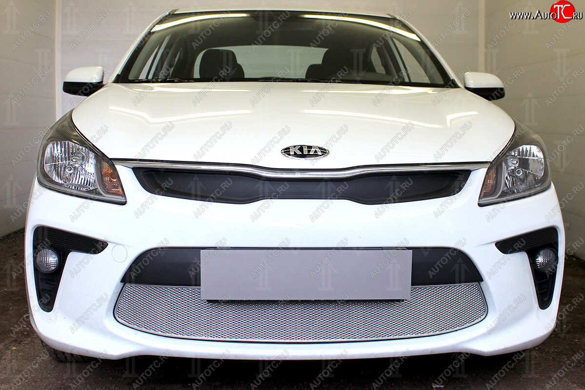 4 199 р. Защитная сетка в бампер (низ, ячейка 4х10 мм) Alfeco Премиум  KIA Rio  4 YB (2017-2020) дорестайлинг, хэтчбэк (Хром)  с доставкой в г. Воронеж