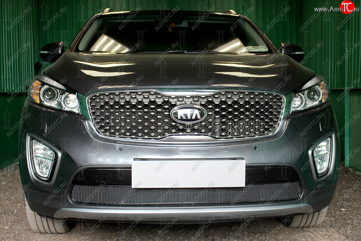 4 299 р. Защитная сетка в бампер (низ, ячейка 4х10 мм) Alfeco Премиум  KIA Sorento  UM/Prime (2014-2018) дорестайлинг (Чёрная)  с доставкой в г. Воронеж