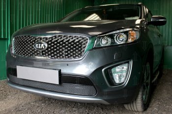 4 299 р. Защитная сетка в бампер (низ, ячейка 4х10 мм) Alfeco Премиум  KIA Sorento  UM/Prime (2014-2018) дорестайлинг (Чёрная)  с доставкой в г. Воронеж. Увеличить фотографию 2