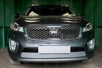 4 549 р. Защитная сетка в бампер (низ, ячейка 4х10 мм) Alfeco Премиум  KIA Sorento  UM/Prime (2014-2018) дорестайлинг (Хром)  с доставкой в г. Воронеж. Увеличить фотографию 1