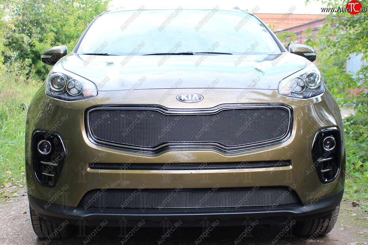5 549 р. Защитная сетка в бампер (верх, ячейка 4х10 мм) Alfeco Премиум  KIA Sportage  4 QL (2016-2018) дорестайлинг (Чёрная)  с доставкой в г. Воронеж