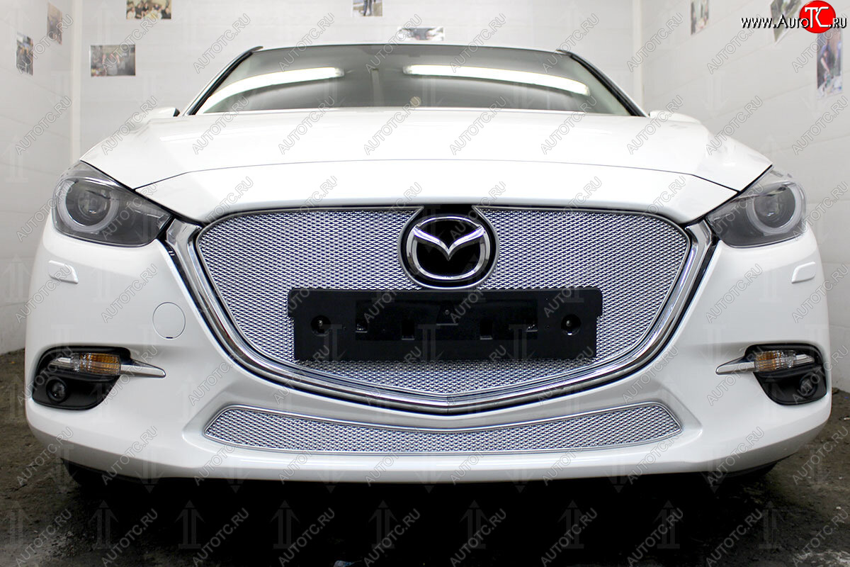 3 899 р. Защитная сетка в бампер (низ, ячейка 4х10 мм) Alfeco Премиум Mazda 3/Axela BM рестайлинг седан (2016-2019) (Хром)  с доставкой в г. Воронеж