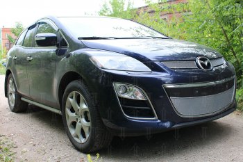 4 299 р. Защитная сетка в бампер (низ, ячейка 4х10 мм) Alfeco Премиум  Mazda CX-7  ER (2010-2012) рестайлинг (Хром)  с доставкой в г. Воронеж. Увеличить фотографию 2