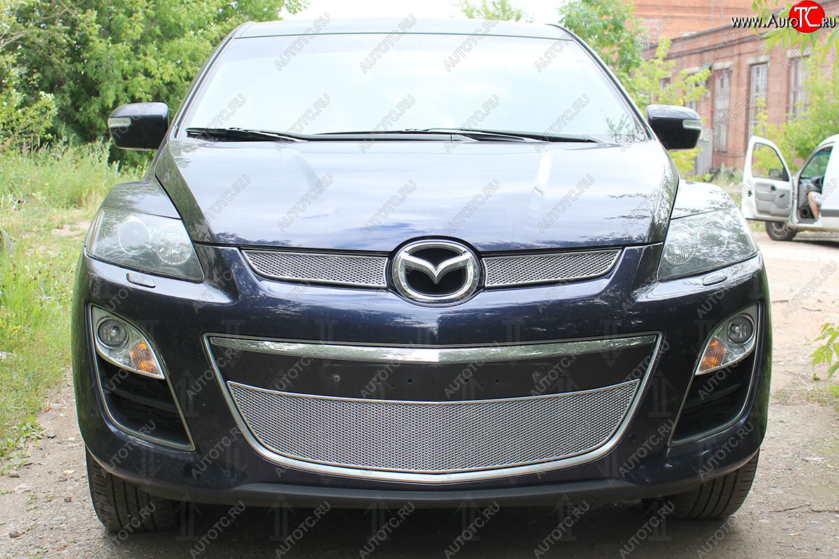 4 299 р. Защитная сетка в бампер (низ, ячейка 4х10 мм) Alfeco Премиум  Mazda CX-7  ER (2010-2012) рестайлинг (Хром)  с доставкой в г. Воронеж