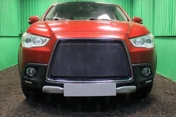 Защитная сетка в бампер (3D, ячейка 4х10 мм) Alfeco Премиум Mitsubishi ASX дорестайлинг (2010-2012) (Чёрная)