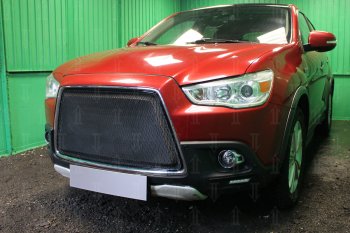 7 249 р. Защитная сетка в бампер (3D, ячейка 4х10 мм) Alfeco Премиум Mitsubishi ASX дорестайлинг (2010-2012) (Чёрная)  с доставкой в г. Воронеж. Увеличить фотографию 2