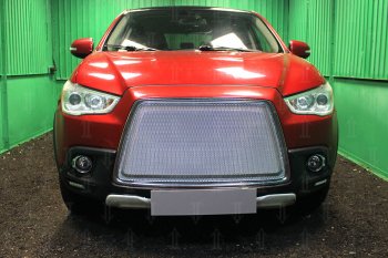 Защитная сетка в бампер (3D, ячейка 4х10 мм) Alfeco Премиум Mitsubishi ASX дорестайлинг (2010-2012) (Хром)