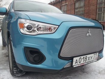 6 199 р. Защитная сетка в бампер (верх, ячейка 4х10 мм) Alfeco Премиум Mitsubishi ASX 1-ый рестайлинг (2013-2016) (Хром)  с доставкой в г. Воронеж. Увеличить фотографию 2