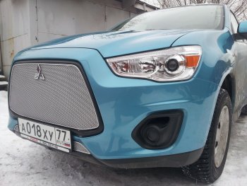 6 199 р. Защитная сетка в бампер (верх, ячейка 4х10 мм) Alfeco Премиум Mitsubishi ASX 1-ый рестайлинг (2013-2016) (Хром)  с доставкой в г. Воронеж. Увеличить фотографию 3