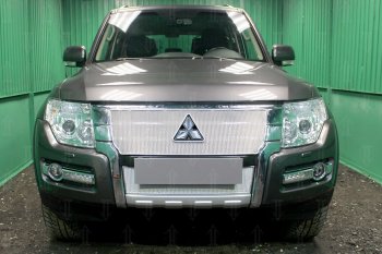 Защитная сетка в бампер (низ, ячейка 4х10 мм) Стрелка11 Премиум Mitsubishi Pajero  4 V90 (2014-2020) 2-ой рестайлинг (Хром)