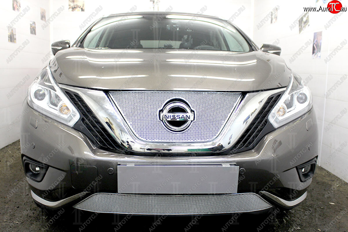4 649 р. Защитная сетка в бампер (низ, ячейка 4х10 мм) Стрелка11 Премиум Nissan Murano 3 Z52 дорестайлинг (2015-2022) (Хром)  с доставкой в г. Воронеж