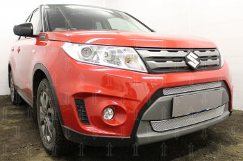 7 249 р. Защитная сетка в бампер (низ, 2 части, ячейка 4х10 мм) Стрелка11 Премиум Suzuki Vitara LY дорестайлинг (2015-2019) (Хром)  с доставкой в г. Воронеж. Увеличить фотографию 2