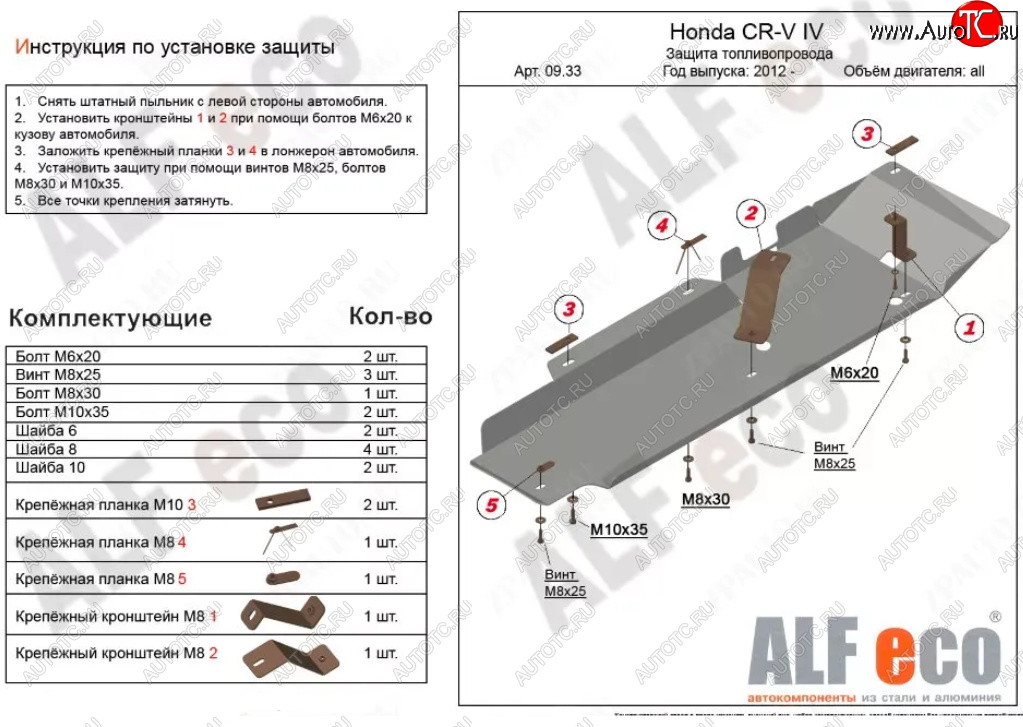 4 069 р. Защита топливопровода Alfeco Honda CR-V RM1,RM3,RM4 дорестайлинг (2012-2015) (Сталь 2 мм)  с доставкой в г. Воронеж