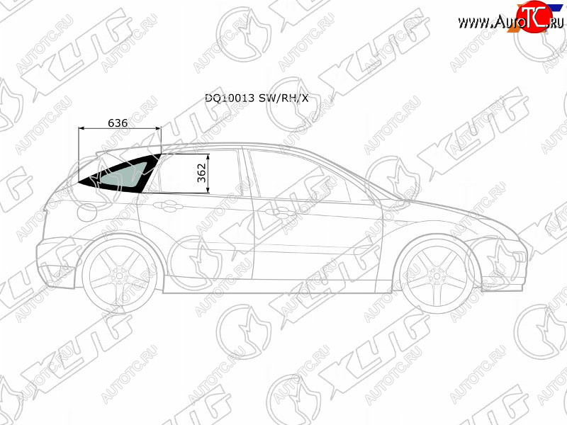 2 349 р. Стекло кузова боковое (не опускное) (Справа Цвет зеленый) Ford Focus 98-04 XYG DQ10013 SW/RH/X  с доставкой в г. Воронеж