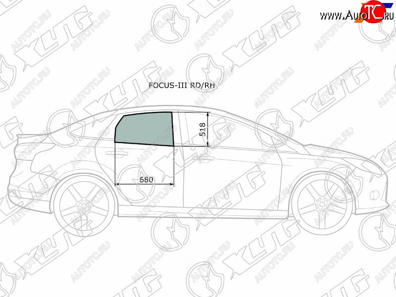 2 599 р. Стекло боковое опускное (Сзади Справа Цвет зеленый) Ford Focus 10-19                               XYG FOCUS-III RD/RH  с доставкой в г. Воронеж