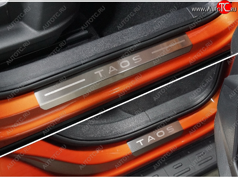 4 299 р. Накладки на пороги, ТСС Тюнинг  Volkswagen Taos (2020-2022) (лист шлифованный надпись Taos)  с доставкой в г. Воронеж