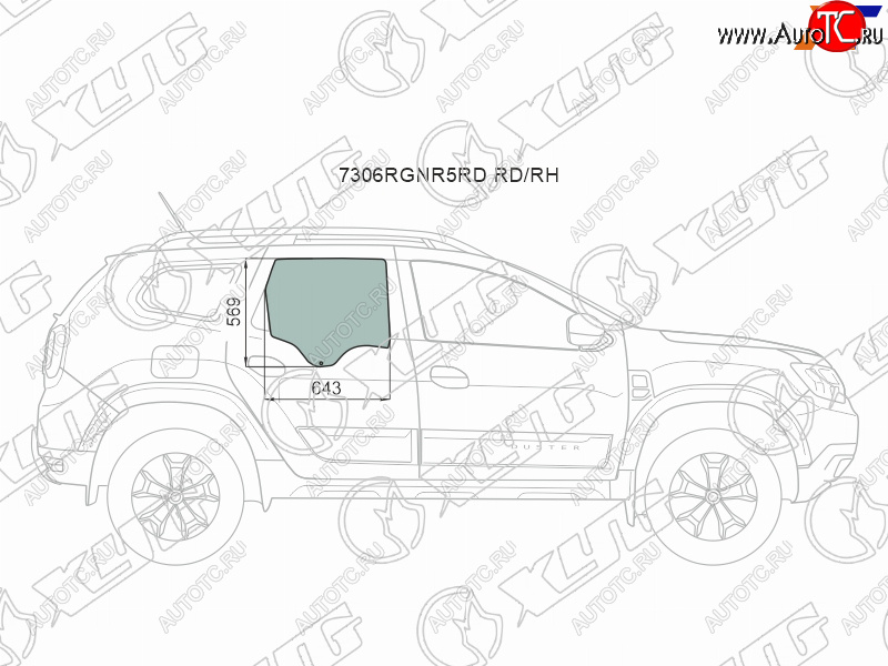 2 599 р. Стекло боковое опускное (Сзади Справа Цвет зеленый) Renault Duster 21-  Dacia Duster 17- XYG 7306RGNR5RD RD/RH  с доставкой в г. Воронеж
