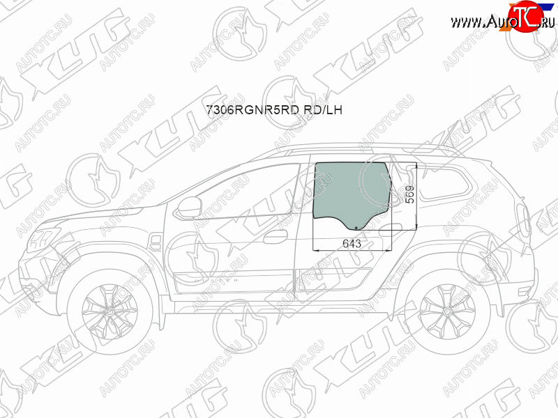 2 599 р. Стекло боковое опускное (Сзади Слева Цвет зеленый) Renault Duster 21-  Dacia Duster 17- XYG 7306LGNR5RD RD/LH  с доставкой в г. Воронеж
