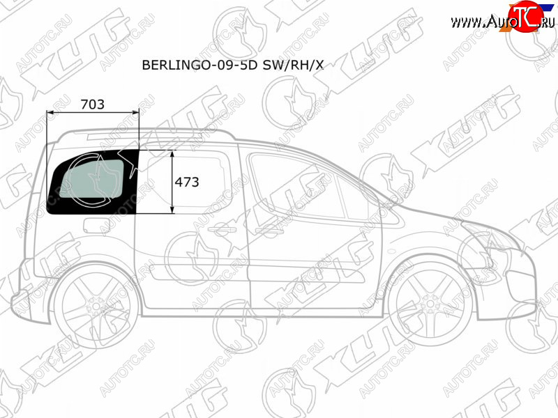 2 349 р. Стекло кузова боковое (не опускное) (Справа Цвет зеленый) Citroen Berlingo 08-22  Peugeot Partner XYG BERLINGO-09-5D SW/RH/X  с доставкой в г. Воронеж