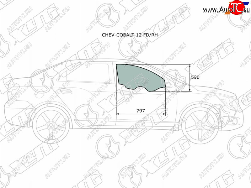 2 799 р. Стекло боковое опускное (Спереди Справа Цвет зеленый) Chevrolet Cobalt 13-  Ravon R4 16-20 XYG CHEV-COBALT-12 FD/RH  с доставкой в г. Воронеж