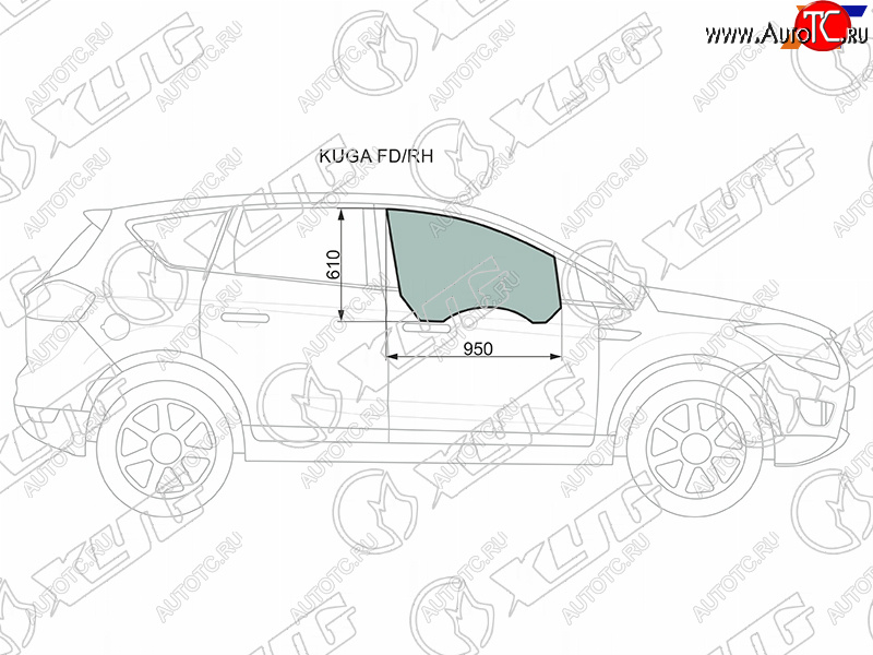 3 079 р. Стекло боковое опускное (Спереди Справа Цвет зеленый) Ford Kuga 08-13 XYG KUGA FD/RH  с доставкой в г. Воронеж