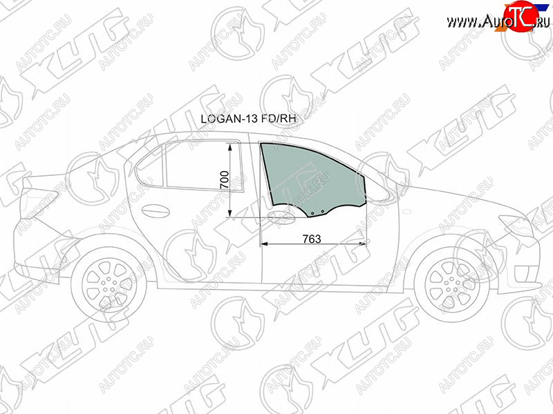 2 599 р. Стекло боковое опускное (Спереди Справа Цвет зеленый) Renault Logan 14-22  Sandero 14-22  Dacia XYG LOGAN-13 FD/RH  с доставкой в г. Воронеж