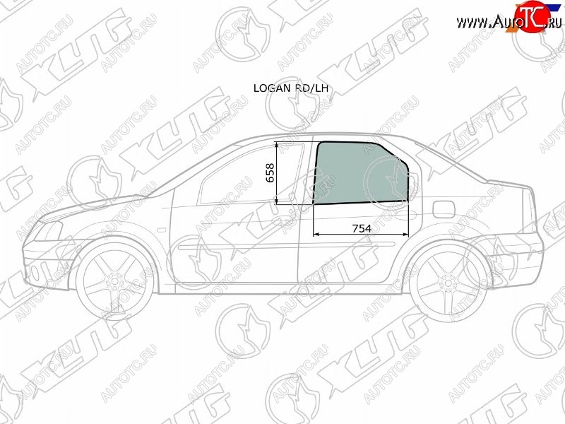 2 569 р. Стекло боковое опускное (Сзади Слева Цвет зеленый) Renault Logan 04-16  Dacia Logan 04-08 XYG LOGAN RD/LH  с доставкой в г. Воронеж