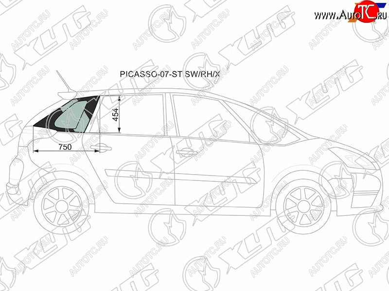 1 059 р. Стекло кузова боковое (не опускное) (Справа Цвет зеленый) Citroen C4 Picasso 07-14 XYG PICASSO-07-ST SW/RH/X  с доставкой в г. Воронеж
