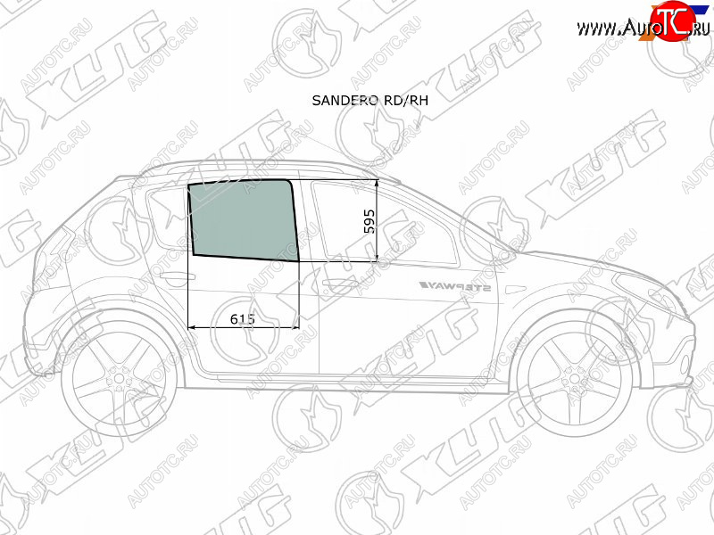 2 599 р. Стекло боковое опускное (Сзади Справа Цвет зеленый) Renault Sandero 09-14  Dacia Sandero 08-12  XYG SANDERO RD/RH  с доставкой в г. Воронеж